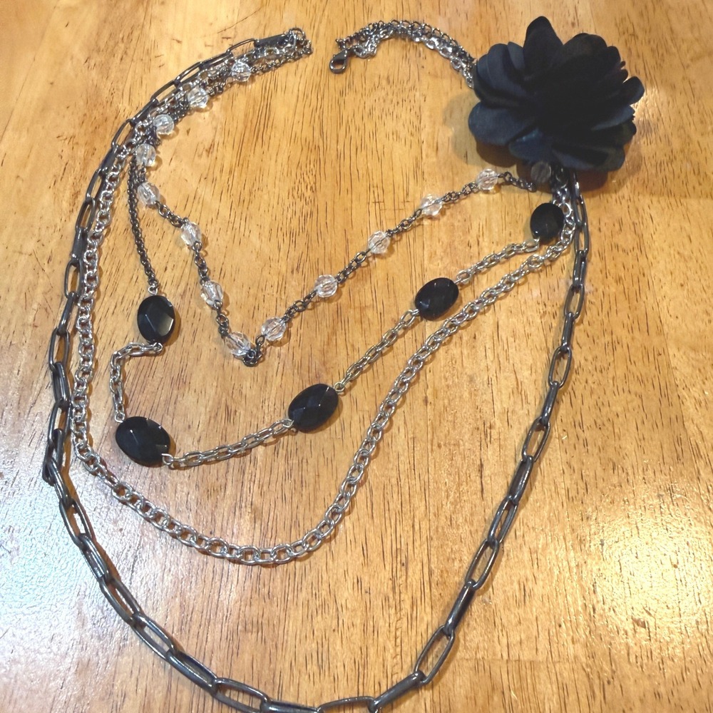 Black Layered Flower Statement Necklace Multi Strand Beaded Gunmetal Silver Tone